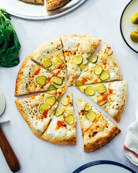 This pickle pizza will convince you that this condiment belongs on pizza! Brush the dough with garlic dill sauce and cover in gooey cheese. #pickles #picklepizza #picklepizzarecipe #picklerecipe #easypizza #pickle Garlic Dill Sauce, Dill Pickle Pizza, Pickle Pizza Recipe, Pickle Pizza, Cheese Pickles, Dip Recipes Appetizers, Winter Salad Recipes, Shrimp Appetizers, Gluten Free Appetizers