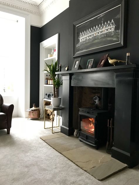 Farrow And Ball Off Black Bedroom, Farrow Ball Off Black, Black Alcoves Living Room, Off Black Farrow And Ball, Farrow And Ball Black, Black Farrow And Ball, Farrow And Ball Off Black, Hutchinson House, Black Fireplace Wall