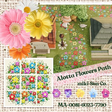 : flower path by @miki_sun_co on twitter [x] Acnh Custom Designs, Flower Path, Rainbow Island, Motif Acnl, Animal Crossing Guide, Happy Home Designer, Animal Crossing Wild World, Path Design, City Folk