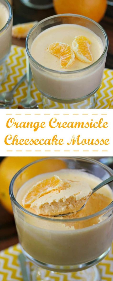 Orange Creamsicle Cheesecake Mousse is a simple and easy recipe using jello, whipped topping and oranges. So creamy and smooth! #mousse #dessert #creamsicle Orange Creamsicle Cheesecake, Creamsicle Cheesecake, Orange Mousse, Orange Dessert, Cheesecake Mousse, Jello Desserts, Mousse Dessert, Jello Recipes, Orange Creamsicle