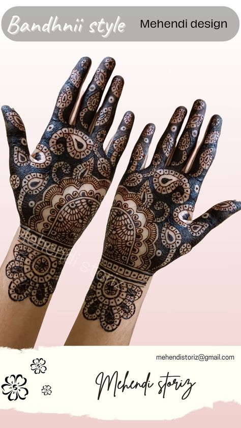 This image source mehndi design done on the front side of both hands the design is in bandhani style the mehndi is applied with the cut work and pastely please in the combination of bandhani style the image has owners brand name mehndi stories link to the Instagram page is provided. Mehndi Designs, Photo And Video, Instagram Photo, Instagram, Design