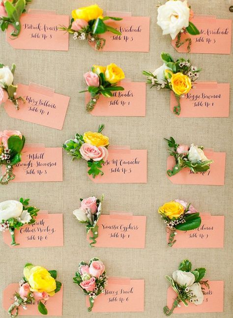 Floral Calligraphy Escort Cards | Jodi Miller Photography | Summer Sunshine and Citrus Wedding Inspiration in Pink and Yellow Cool Stationery, Rustic Arrangements, Citrus Wedding, Wedding Tables, Maryland Wedding, Wedding Music, Seating Chart Wedding, Clever Crafts, Wedding Seating