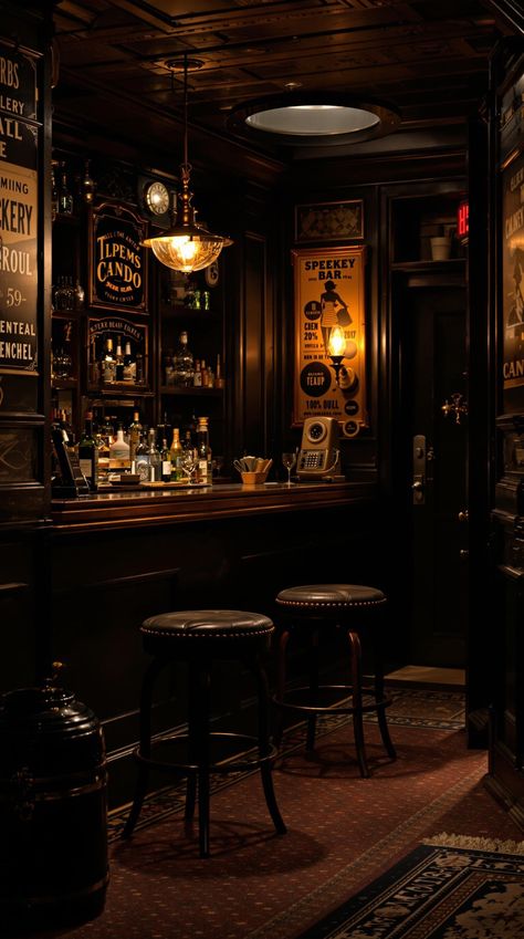 Basements Bar English Pubs Aesthetic, New Orleans Bar Aesthetic, Vintage Bar Aesthetic Dark, 1920s Bar Decor, Roaring 20s Speakeasy Aesthetic, Smoky Bar Aesthetic, Speakeasy Room Ideas Basement, Classy Bar Aesthetic, Modern Speakeasy Aesthetic