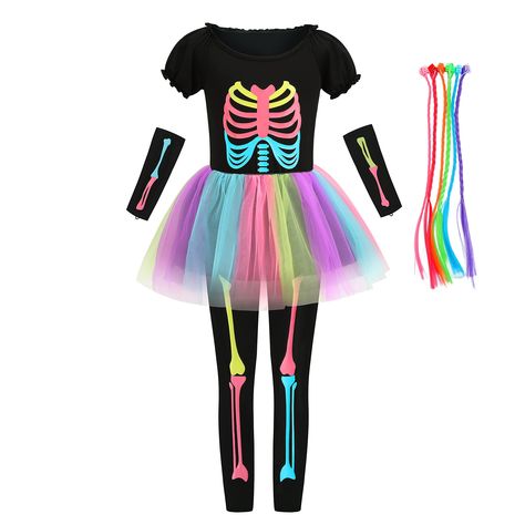 PRICES MAY VARY. Girls skeleton halloween costume is available for 3-10Y; Size XS(3T), S(4-5T), M (5-6T), L (7-8T), XL(9-10 Years), we suggest to check out the size table before buying Girls Funky Skeleton Costume includes Black dress printed with multi-color neon bones and 3 layer tutu, a pair of Sleeves, a pair of leggings with bone print, Nylon Hair Braid Extensions Attachments How to use: Unfold and hang out the clothes under the sunlight or indoor lighting for at least 30 minutes before wea Girls Skeleton Costume, Skeleton Costume Kids, Rainbow Skeleton, Funky Punky, Costume Rainbow, Halloween Tutu Dress, Bone Dress, Toddler Fancy Dress, Kids Stage