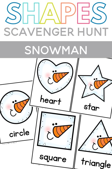 Snow Language Activities For Preschool, Winter Shape Matching, Winter Shape Craft, Snowman Shape Matching, Snowflake Counting Preschool, Number Scavenger Hunt Preschool, Preschool Themes January, Snowman Shapes Preschool, Winter Anchor Chart Preschool