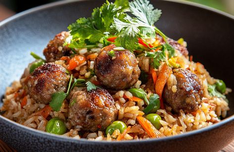 Vietnamese Pork Meatball Banh Mi-Inspired Fried Rice - Short Grain Food Truck Vietnamese Pork Meatballs, Pork Meatball, Vietnamese Rice, Vietnamese Street Food, Vietnamese Pork, Banh Mi Sandwich, Pork Meatballs, Vietnamese Food, Pickled Vegetables