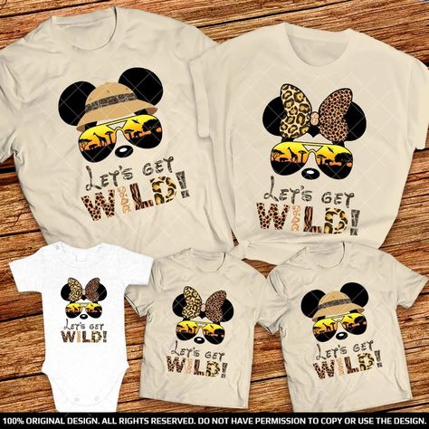 These fun and vibrant shirts are made from lightweight and breathable 100% cotton fabric and feature an all-over print of an African safari with various wild animals scattered throughout. The Mickey and Minnie shirts feature an iconic Disney illustration of both characters on the front, making these shirts even more eye-catching and unique. Whether you’re hitting the parks or going on an African safari, no one can resist these adorable Animal Kingdom Let's Get Wild family shirts! Mickey And Minnie Shirts, Minnie Shirts, Invitation Mickey Mouse, Couple Disney, Family Shirts Disney, Mickey Mouse Png, Animal Kingdom Shirts, Matching Disney Shirts, Minnie Shirt