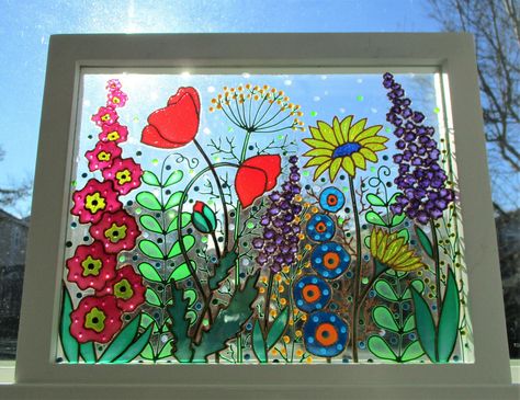 Transparent Glass Paint, Painted Window Art, Painting On Glass Windows, Easy Flower Painting, Glass Window Art, Abstract Flower Art, Wall Window, Stained Glass Flowers, Abstract Flower Painting