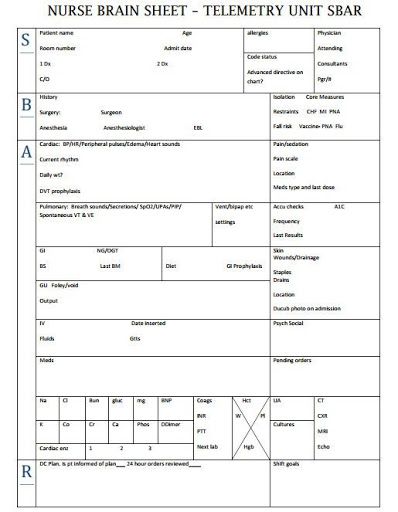 Nurse Brain Sheets ?? Telemetry Unit SBAR | Scrubs ?? The Leading Lifestyle Nursing Magazine Featuring Inspirational and Informational Nursing Articles? Sbar Nursing, Telemetry Nursing, Nursing Documentation, Nurse Brain Sheet, Nurse Brain, Nurse Report Sheet, Nursing Cheat, Med Surg Nursing, Nursing Assessment