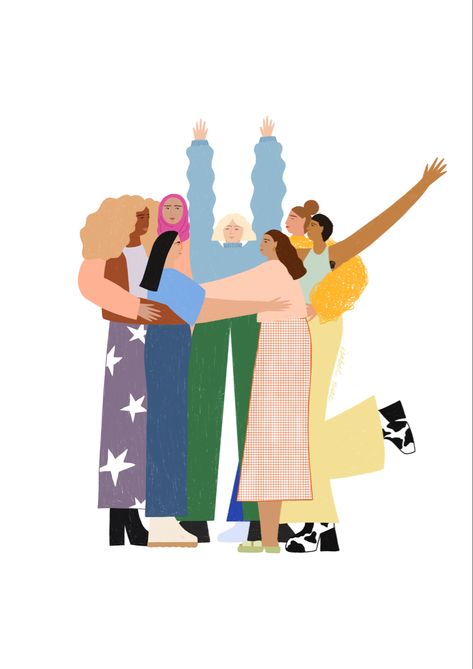 Go celebrate the amazing, wonderful women in your life. A colourful illustration of different women hugging in funky clothing Coming Together Illustration, Women Hugging, Moon Taurus, Community Connection, Funky Clothing, App Aesthetic, Hug Illustration, People Hugging, Colourful Illustration