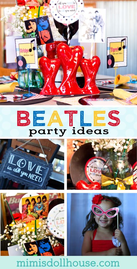 Beatles Wedding: All you need is LOVE Rehearsal Dinner.  This Beatles Wedding Rehearsal Dinner shows there is nothing quite  like Beatles love songs and a little rock and roll twist.  Be sure to check out all our rock and roll party ideas and wedding/bridal ideas. via @mimisdollhouse The Beatles Wedding, Rock And Roll Party Ideas, Beatles Diy, Beatles Party Decorations, Beatles Themed Wedding, Beatles Ideas, Beatles Love Songs, Beatles Decor, Beatles Wedding