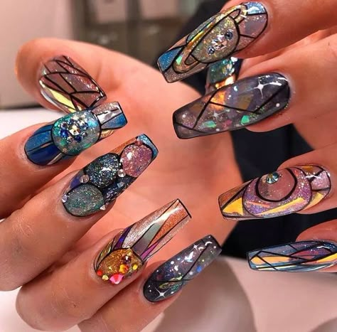 Follow me @trend_collective 💘 These nails are gorgeous! 😍  #nails  #coffinnails  #nailsofinstagram #nailsonfleek #nailstyle #blingnails #glitternails #nailideas #shortnails #nailswag Stained Glass Nails, Maquillage Yeux Cut Crease, Nail Design Glitter, Galaxy Nail Art, Glass Nails Art, August Nails, Witchy Nails, Nails Yellow, Galaxy Nails