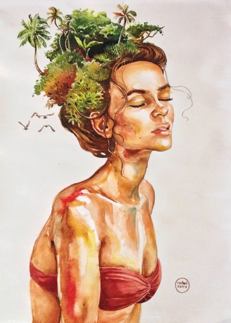 green - Ella y la Isla (she and the isand ) - Rachel Sierra Plant Hair Drawing, Watercolour Portrait With Flowers, Cool Watercolor Ideas Trippy, Flowers With Faces Drawing Trippy, Psychadelic Art Watercolour, Art Puns, Art Prompts, Trippy Art, A Level Art