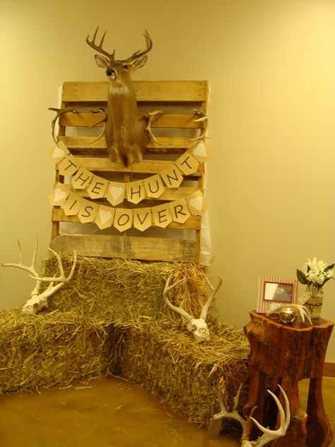 "The Hunt is Over" wedding shower backdrop for Trey & Jody. Hunt Is Over Bachelorette Party Ideas, Camo Bachelorette Party Ideas, Hunting Bridal Shower Ideas, The Hunt Is Over, The Hunt Is Over Bridal Shower Theme, Hunting Backdrop, Hillbilly Wedding, Wedding Shower Backdrop, The Hunt Is Over Wedding