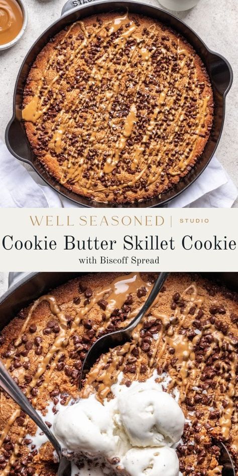 This Cookie Butter Skillet Cookie is a delicious and easy dessert for a crowd! Our homemade cookie dough is baked in a cast-iron skillet, then drizzled with melted cookie butter and lots of fresh chocolate. The edges are crisp, but the center is thick and chewy. Best eaten straight out of the pan! #wellseasonedstudio #cookiebutter #skilletcookie #chocolatechipcookie Skillet Cookie For One, Easy Dessert For A Crowd, Cast Iron Skillet Cookie, Dessert For A Crowd, Skillet Cookie Recipe, Skillet Cookies, Homemade Cookie Dough, Cookie Skillet, Giant Chocolate Chip Cookie