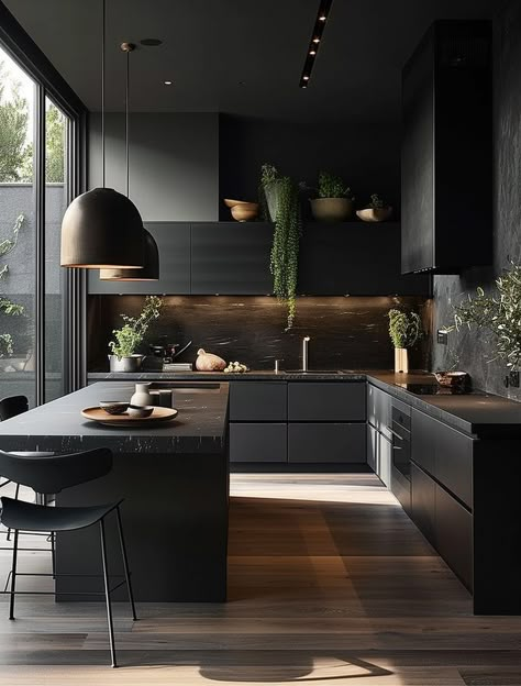 In this blog post, we explore how black can be used to create a contemporary and sophisticated kitchen design. From sleek black cabinets and countertops to statement black appliances and fixtures, these ideas will inspire you to transform your kitchen into a modern masterpiece. Contemporary Cabin Kitchen, Black Kitchen Industrial, Black Wood Kitchen Design, All Black Kitchen Ideas Modern, Black Island Kitchen Ideas, Sleek Black Kitchen, Black And Wood Modern Kitchen, Modern Black House Interior, Black Interior Design Kitchen