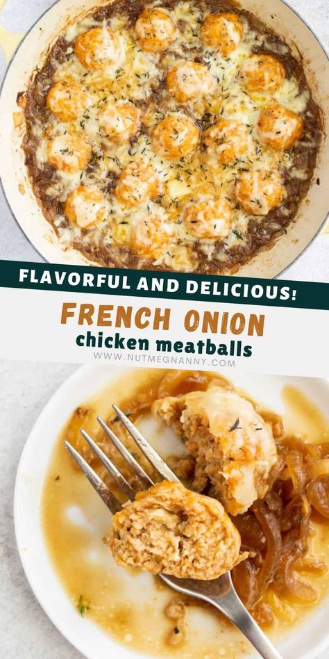 French Onion Soup Cheese, French Onion Chicken Meatballs, Ground Chicken Meatballs, Tailgate Party Food, Classic French Onion Soup, Chicken Fajita Pasta, Dinner Favorites, Chicken Meatball Recipes, Night Recipes