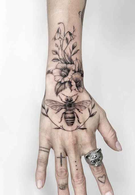 Bee Hand Tattoo, Bee Tattoo Meaning, Bee And Flower Tattoo, Queen Bee Tattoo, Bee Tattoos, Honey Bee Tattoo, Honeycomb Tattoo, Bumble Bee Tattoo, Our Mindful Life