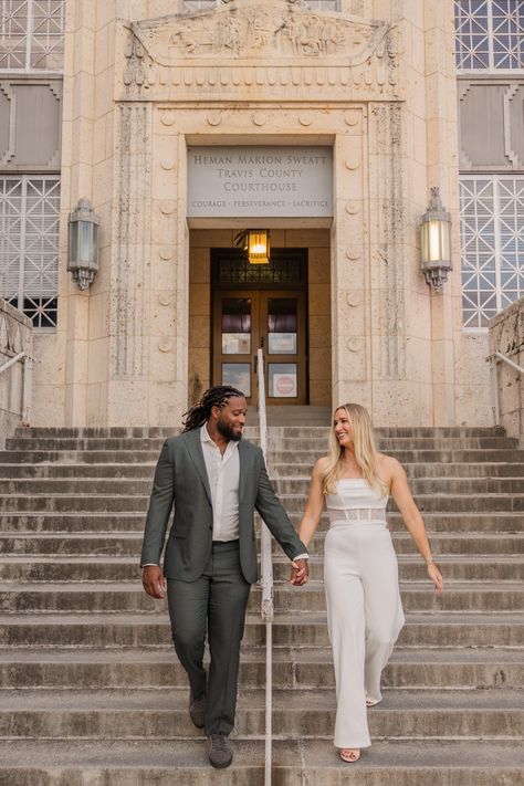 The best engagement photos include some type of activity that feels natural and fun. Bree & Terrence wanted to start their session at Meanwhile Brewing, one of their favorites in Austin. After leaving Meanwhile, we went to the Travis County Courthouse downtown. I loved Bree’s white jumpsuit! Actually, all of their clothes were perfect. Check out their matching sneakers in the first set of photos. Jumpsuit Engagement Photos, White Jumpsuit Engagement Photos, Jumpsuit Engagement, Austin Engagement Photos, Best Engagement Photos, Matching Sneakers, Downtown Austin Texas, Engagement Photos Downtown, Downtown Austin