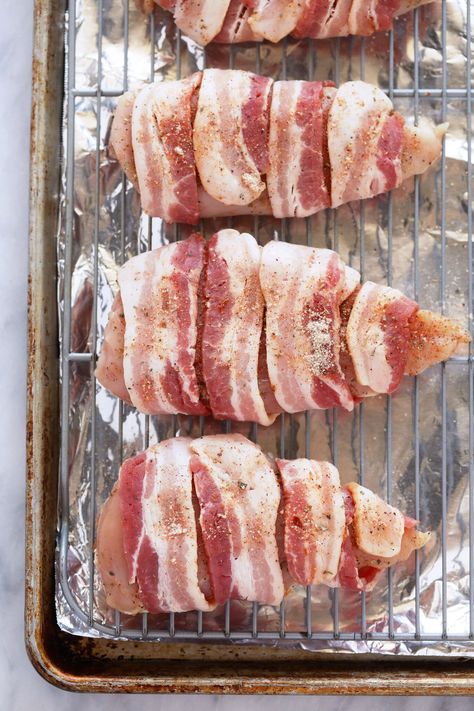 Bacon wrapped chicken is seasoned chicken breasts wrapped in bacon and then baked at high heat for crispy bacon on the outside and tender chicken breast on the inside. Baked Bacon Wrapped Chicken, Bacon Wrapped Chicken Recipes, Chicken Bacon Recipes, Chicken Breast With Bacon, Bacon Wrapped Chicken Breast, Bacon Wrapped Chicken Tenders, Gallbladder Diet, Oven Baked Bacon, Honey Mustard Dipping Sauce