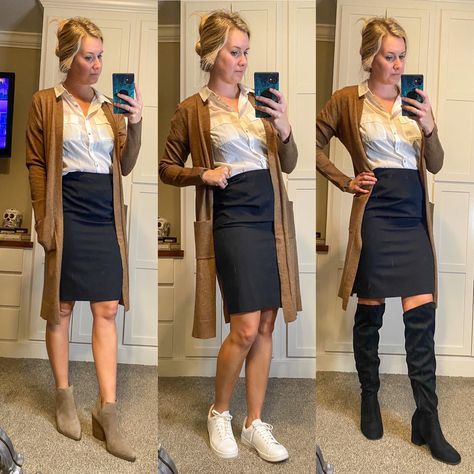 Pencil Skirt With Cardigan Outfits, Leather Skirt With Cardigan Outfit, Rust Duster Outfit, Duster Cardigan Skirt Outfit, Rust Duster And Booties, Tan Duster Cardigan Outfit, Skirt With Cardigan Outfits, Black Pencil Skirt Outfit, Duster Outfit