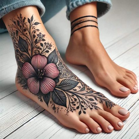 Ankle Tattoo Cover Up, Cover Up Tattoos For Women, Earthy Tattoos, Cute Henna Tattoos, Hibiscus Tattoo, Cute Hand Tattoos, Foot Tattoos For Women, Tattoos For Women Flowers, Elbow Tattoos