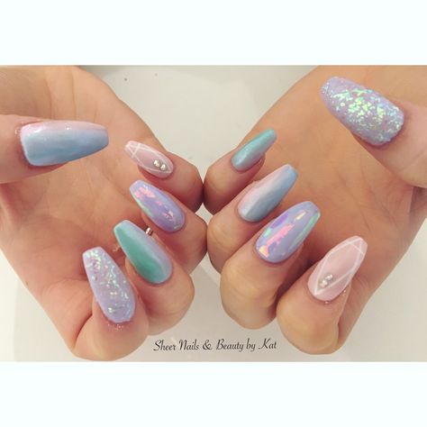 Mermaid nails. Prohesion sculpted acrylics with angel paper, Mylar flakes and ombré gel Mylar Flake Nails, Paper Nails, Square Nail, Square Nail Designs, Lovely Nails, Mermaid Nails, Nail Stuff, Square Nails, Mani Pedi