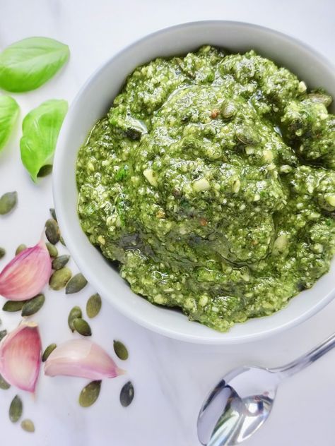 Dairy-free basil and pumpkin seed pesto – Throughthefibrofog Pumpkin Seed Pesto Recipe, Pumpkin Pesto Recipe, Low Histamine Low Oxalate Recipes, Low Histamine Pasta, Low Histamine Protein, Keto Apps, Ovulatory Phase, Pumpkin Seed Pesto, Vegetarian Pesto