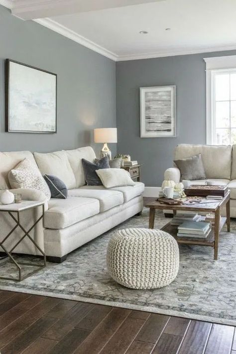 80 Most Popular Living Room Decor Ideas & Trends on Pinterest You Can't Miss Out - Cozy Home 101 Sitting Room Painting Ideas, Greenish Blue Living Room Walls, Beige Couch Gray Walls Living Room, Blue Gray Interior Design Living Room, Color Shades For Living Room, Family Room Gray Walls, Living Room Loveseat And Chairs, Sitting Room Rugs, Interior Design Gray Walls