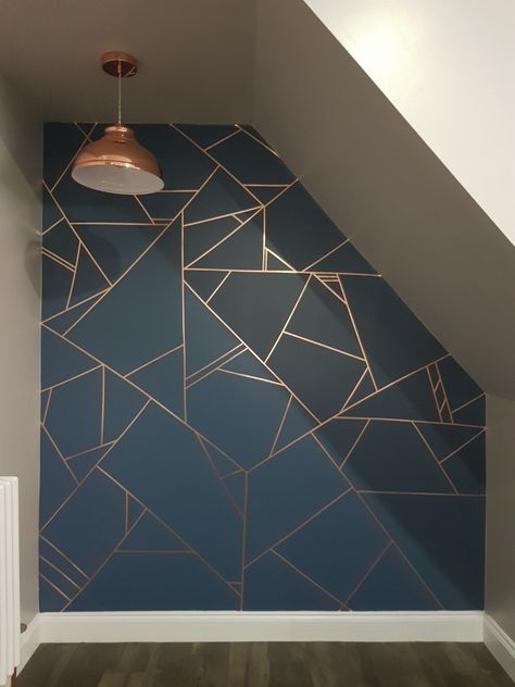 Geometric feature wall copper and Farrow and Ball Stiffkey Blue #farrowandball #stiffkeyblue #copper #geometric Blue Feature Wall Bedroom, Geometric Wall Design, Geometric Wall Paint, Stiffkey Blue, Feature Wall Design, Feature Wall Living Room, Feature Wall Bedroom, Room Wall Painting, Bedroom Wall Designs