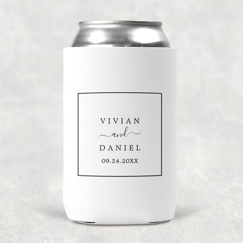 Engagement Party Coozie, Coozie Wedding Favors, Simple Rehearsal Dinner, Dinner Romantic, Flower Wedding Band, Elegant Engagement Party, Wedding Reception Favors, Engagement Party Favors, Black And White Typography