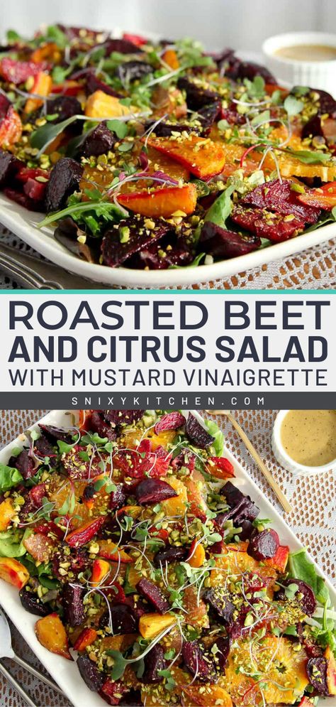 Try this easy side dish recipe! This salad recipe for dinner also doubles as a vegetarian entree. Complete with shaved fennel, pistachio crumble, and a mustard vinaigrette, this roasted beet and citrus salad is super refreshing and full of flavor! Beet Fennel Salad, Shaved Beet Salad, Roasted Beet Recipes, Beet And Citrus Salad, Beet Salads, Pistachio Crumble, Healthiest Vegetables, Beet Salad Recipe, Vegetarian Entree