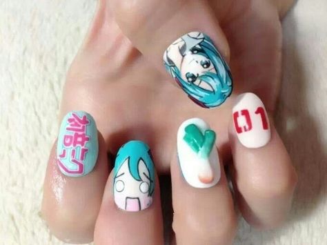 Want this!! Miku Nails, Anime Inspired Nails, Idol Nails, Kawaii Nail Art, Anime Nails, Nails Cute, Inspired Nails, Really Cute Nails, Nails Diy