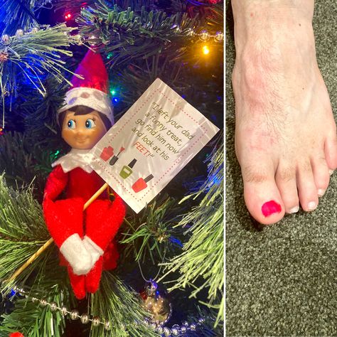 Elf Painting Dads Toenails, Elf On The Shelf Painting Dads Nails, Elf On The Shelf Painting Ideas, Awesome Elf On The Shelf Ideas, Elf Fun, Elf Ideas, Elf Christmas, Mirror Painting, Finger Painting