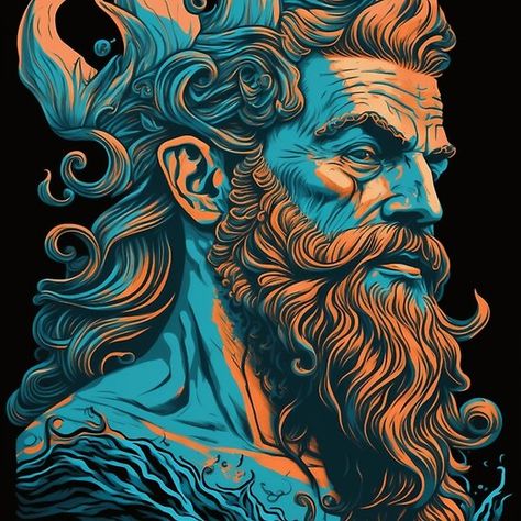 Posiden Art, Poseidon Art Illustrations, Greek Gods Illustration, Greek God Illustration, Poseidon Illustration, Poseidon Art, Greek God Poseidon, God Drawings, Jeans Art