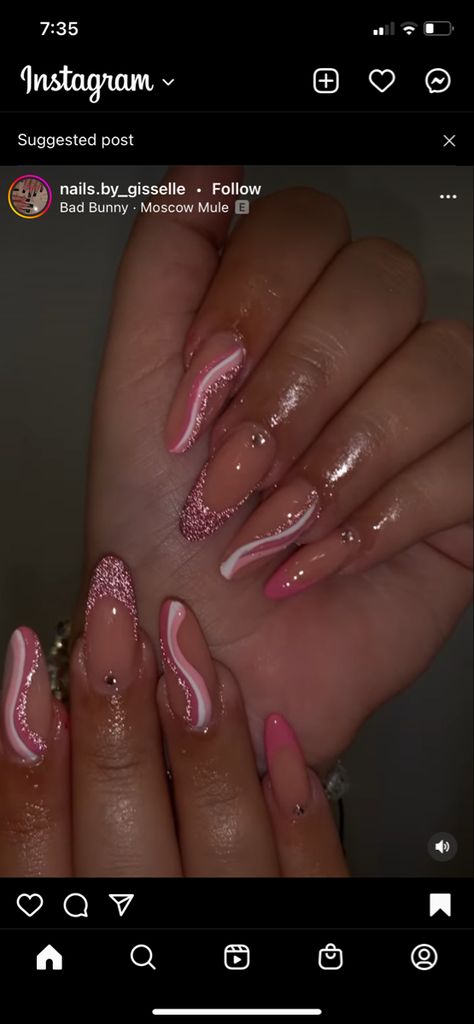 Pink Nail Designs Almond Shape Glitter, Pink And Silver French Tip Nails, French Pink Glitter Nails, Pink Prom Nails Almond, Glittery Nail Ideas Sparkle, Sparkly Pink Nails Acrylics, Hot Pink Prom Nails Acrylic, Light Sparkly Pink Nails, Glitter Tips Nail