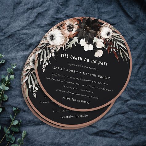 Boho Rustic Gothic Rust Black Botanical Wedding Invitation Eucalyptus Flowers, Gothic Wedding Theme, Rosé Halloween, Boho Wedding Invitation Template, Halloween Wedding Invitations, Dark Wedding Theme, Botanical Wedding Invitation, Luxury Boho, Gothic Floral