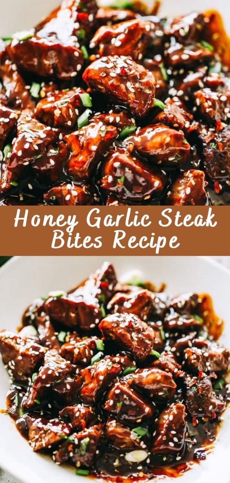 Honey Garlic Steak Bites Recipe - Cheff Recipes Honey Garlic Beef Stir Fry, Steak Bites Bowl, Honey Garlic Beef Tips, Garlic Bread Steak Bites Tipsy Housewife, Steak Bites And Rice, Steak And Sweet Potato Dinners, Honey Garlic Steak Bites, Teriyaki Steak Bites, Honey Garlic Steak