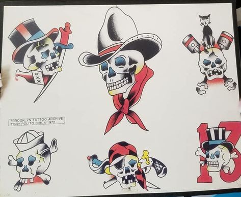 Tony Polito Flash, Traditional Tattoo Art Cowboy, Dietzel Tattoo, Tony Polito Flash Tattoo, Western Flash Sheet, Western Flash, Cowboy Flash, American Traditional Skull Cowboy, Dollar Tattoo