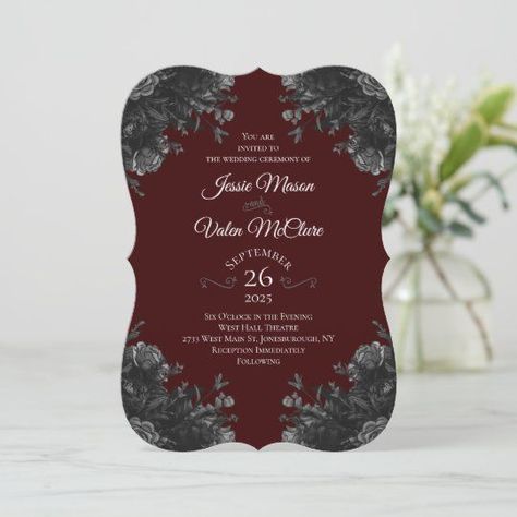 Black Floral Maroon Gothic Elegant Wedding Invitation #wedding #invites #Invitations #gothic #gothicwedding #weddinginvites #black #maroon #dark #red #maroonandblack #floral #flowers #weddinginvitations #bridal #elegant #elegantwedding #elegantinvitations #elegantinvites #beautiful #sophisticated #gorgeous Gothic Elegant Wedding, Black And Maroon Wedding Invitations, Wedding Invitations Gothic, Dark Gothic Wedding Invitations, Dark Red Wedding Invitations, Red And Black Wedding Invitations, Roses Gothic, Gothic Wedding Invitations, Red Wedding Gowns