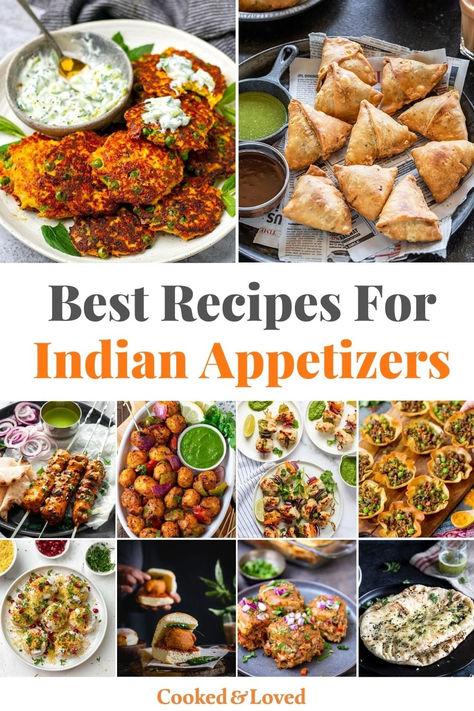 Indian appetizers and finger food Indian Hors D'oeuvres, Indian Fusion Snacks, Healthy Indian Appetizers, Desi Indian Food, Cinema Food Ideas, Indian Veg Appetizers For Party, Fusion Indian Appetizers, Indian Buffet Food, Indian Dinner Party Menu Ideas Vegetarian