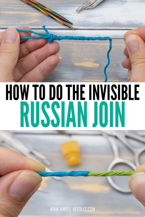 A step by step tutorial on how to the russian join in knitting. A super invisible way to join new yarn without knots or tails to weave in. Swedish Knitting, Changing Colors In Knitting, Joining Yarn Crochet, Russian Knitting, Knot Knitting, Advanced Knitting Techniques, Join Yarn, Joining Yarn, Change Colors In Crochet