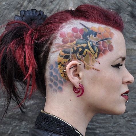 Gunny on Instagram: “#tbt to this yellow jacket tattoo I did in the Netherlands a few years ago.…” Head Tattoos Women, Side Of Head Tattoo, Bald Tattoo, Girl Mohawk, Sacred Tattoo, Insect Tattoo, Head Tattoo, Best Tattoos For Women