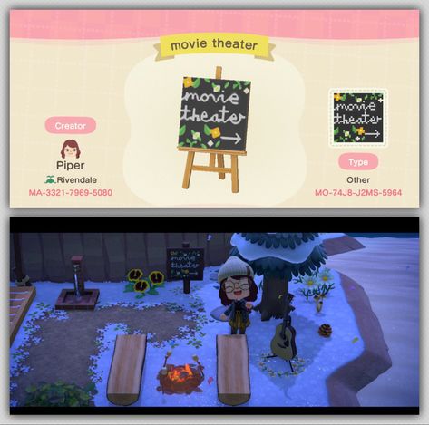 Top photo is an animal crossing new horizons design code for a cottage core themed movie theater design. It is a black chalkboard background with white cursive lettering decorated with orange and white flowers with green leaves and an arrow pointing to the right. Bottom picture is a screen shot from animal crossing with the movie theater sign in the center, yellow flowers and watering facet to the left, cedar tree and guitar to the right and a campfire with marshmallows in the foreground Acnh Movie Theatre, Movie Theater Sign, Animal Crossing Movie, Theater Sign, Cinema Sign, Style Movie, Theatre Sign, Acnh Codes, Cottagecore Style