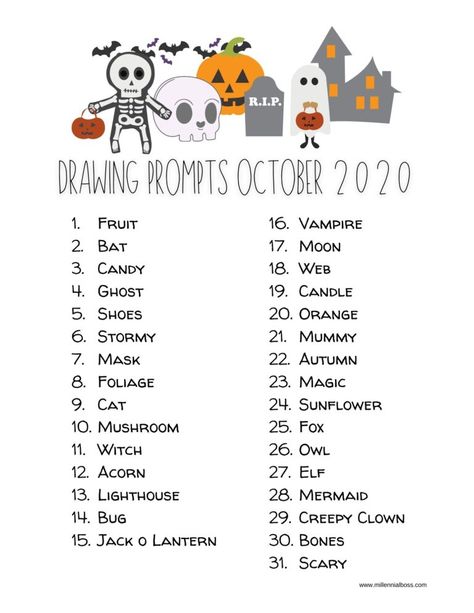 Drawing Prompt Generator, Sketchbook Prompts, 30 Day Art Challenge, 30 Day Drawing Challenge, Fall Drawings, October Art, Drawing Competition, Drawing Ideas List, 2023 Halloween