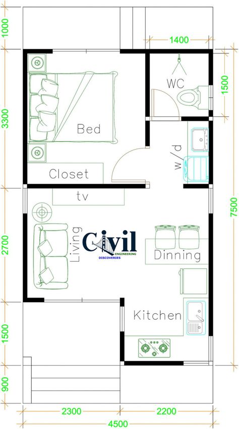 Small House Plans 4.5×7.5 With One Bedroom Gable Roof - Engineering Discoveries Bedroom Shed, Small Luxury Homes, Gable Roof House, One Bedroom House Plans, One Bedroom House, Roof House, Tiny House Plan, Small House Decorating, Small House Floor Plans