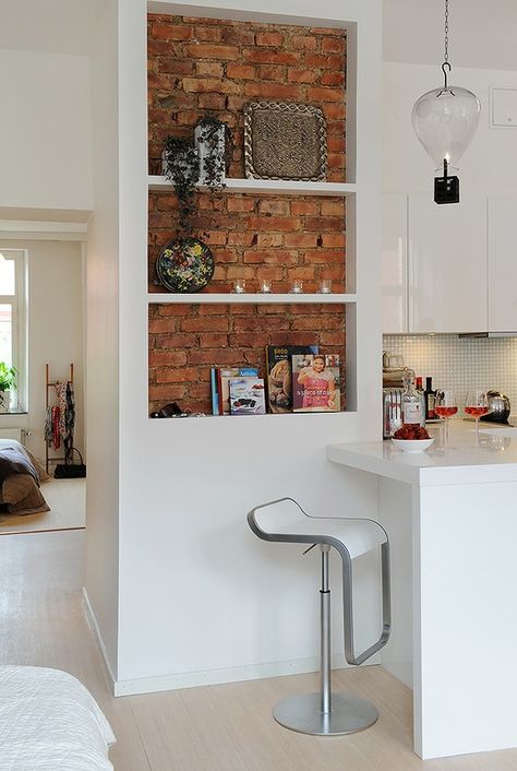 Exposed Brick Wall Ideas Cool Interiors, Exposed Brick Walls, Brick Walls, Exposed Brick, Brick Wall, A Kitchen, The Wall, Shelves, Bar