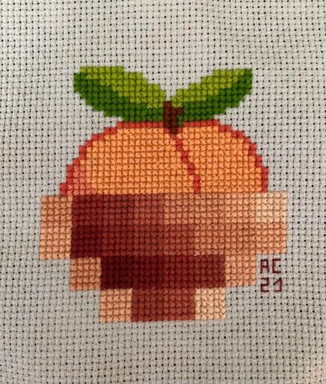 Peach Cross Stitch Pattern, Aesthetic Cross Stitch, Peach Cross Stitch, Funny Pixel Art, Funny Cross Stitch, Tiny Cross Stitch, Mini Cross Stitch, Pixel Pattern, Cute Cross Stitch