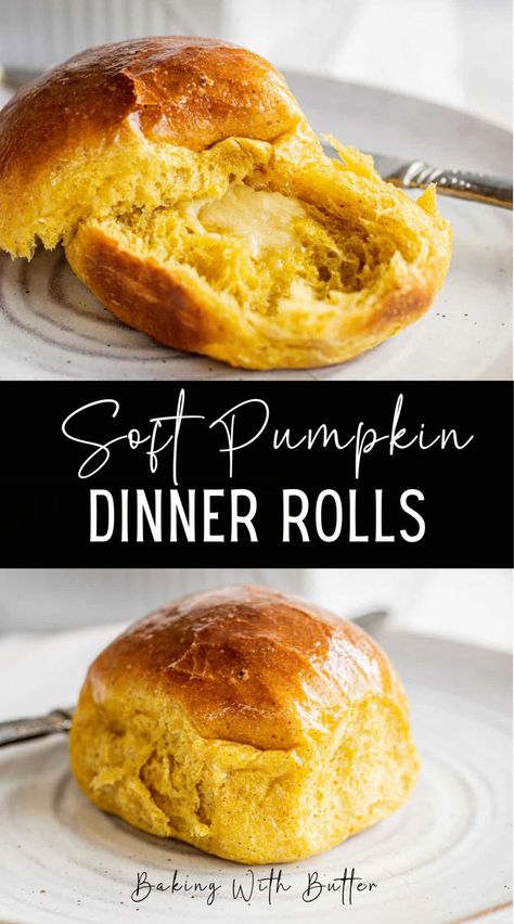 These pumpkin dinner rolls are super soft and gently spiced. After baking, they’re coated with sweet honey butter. They are a great way to use pumpkin puree during the pumpkin season. It’s a lightly enriched dough with great texture and flavor and can be made by hand or in a mixer. Pumpkin buns are a perfect addition to the Thanksgiving dinner table. The soft pumpkin bread rolls are gently spiced with a beautiful yellow hue, thanks to the pumpkin purée. Pumpkin Bread Rolls Recipe, Pumpkin Bread Rolls, Pumpkin Buns, Pumpkin Dinner Rolls, Pumpkin Dinner, Pumpkin Streusel Muffins, Pumpkin Puree Recipes, Autumn Baking, Dinner Experience