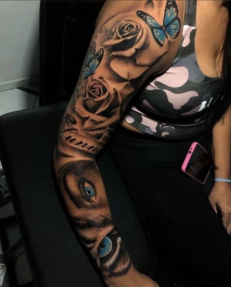 Right Sleeve Tattoos For Women, Bottom Leg Tattoo For Black Women, Tattoos For Women Full Sleeve, Full Arm Tattoos For Women Black, Baddie Full Sleeve Tattoo, Full Sleeve Tattoos Black Women, Black Women Arm Tattoo Sleeve, Girl Arm Tattoos Sleeve, Full Tattoo Sleeves For Women